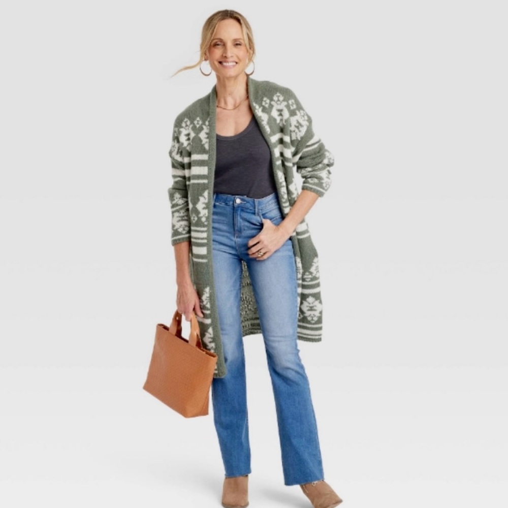 Knox Rose Long Open Front Winter Cardigan, Olive Green, Size Medium, NWT